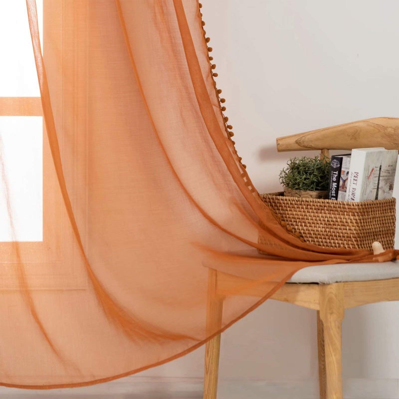 MISS SELECTEX Linen Look Pom Pom Tasseled Sheer Curtains - Rod Pocket Voile Semi-Sheer Curtains for Living and Bedroom, Set of 2 Curtain Panels (52 x 72 inch, Pumpkin Yellow) - Image 3